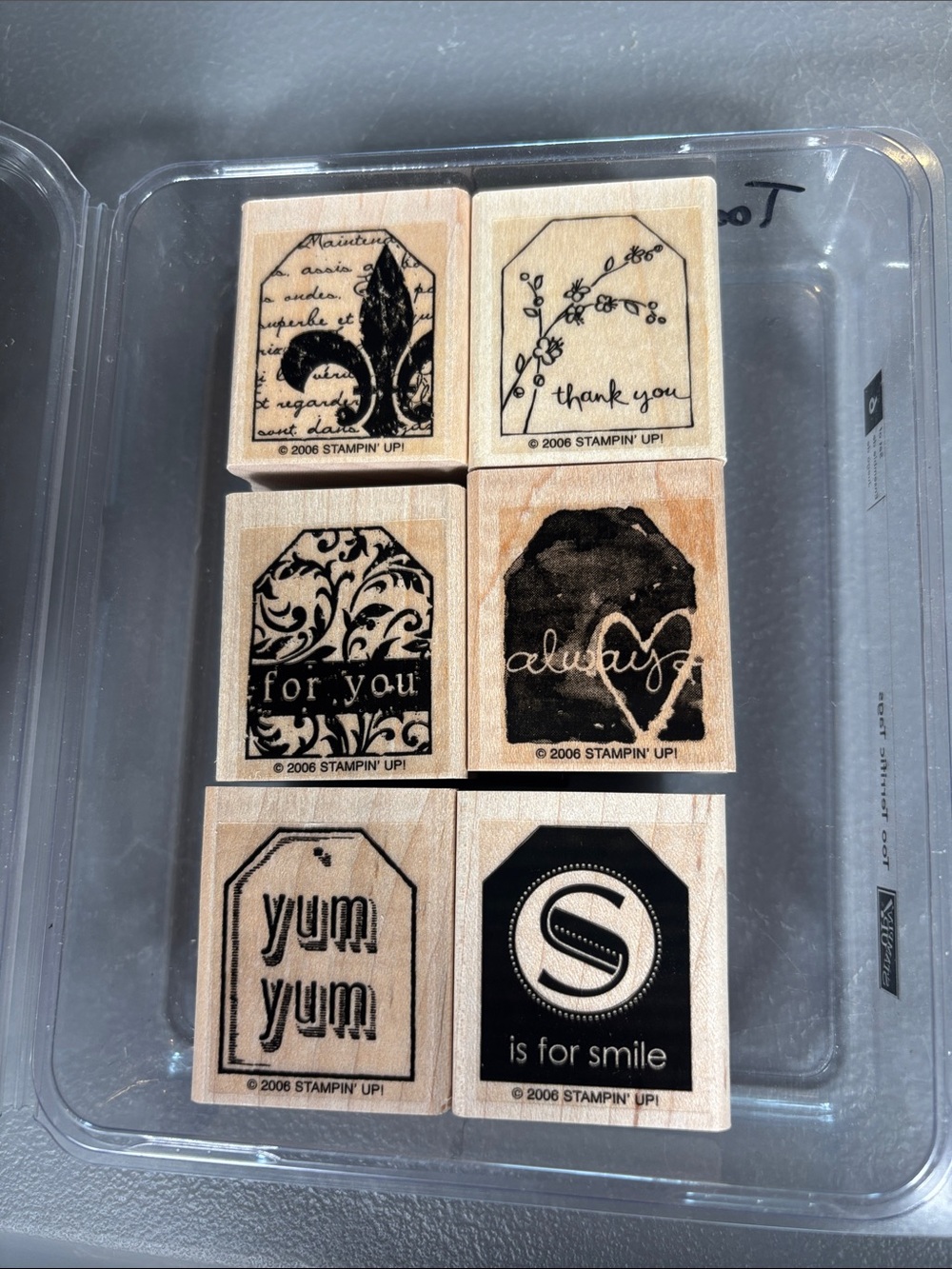 Stampin’ Up Too Terrific Tags 2006 Set of 6 Wood Mount Rubber Stamps